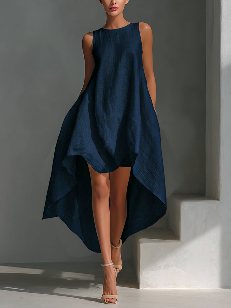 Aleena - Women's Sleeveless Asymmetric Handkerchief-Hem Linen Dress