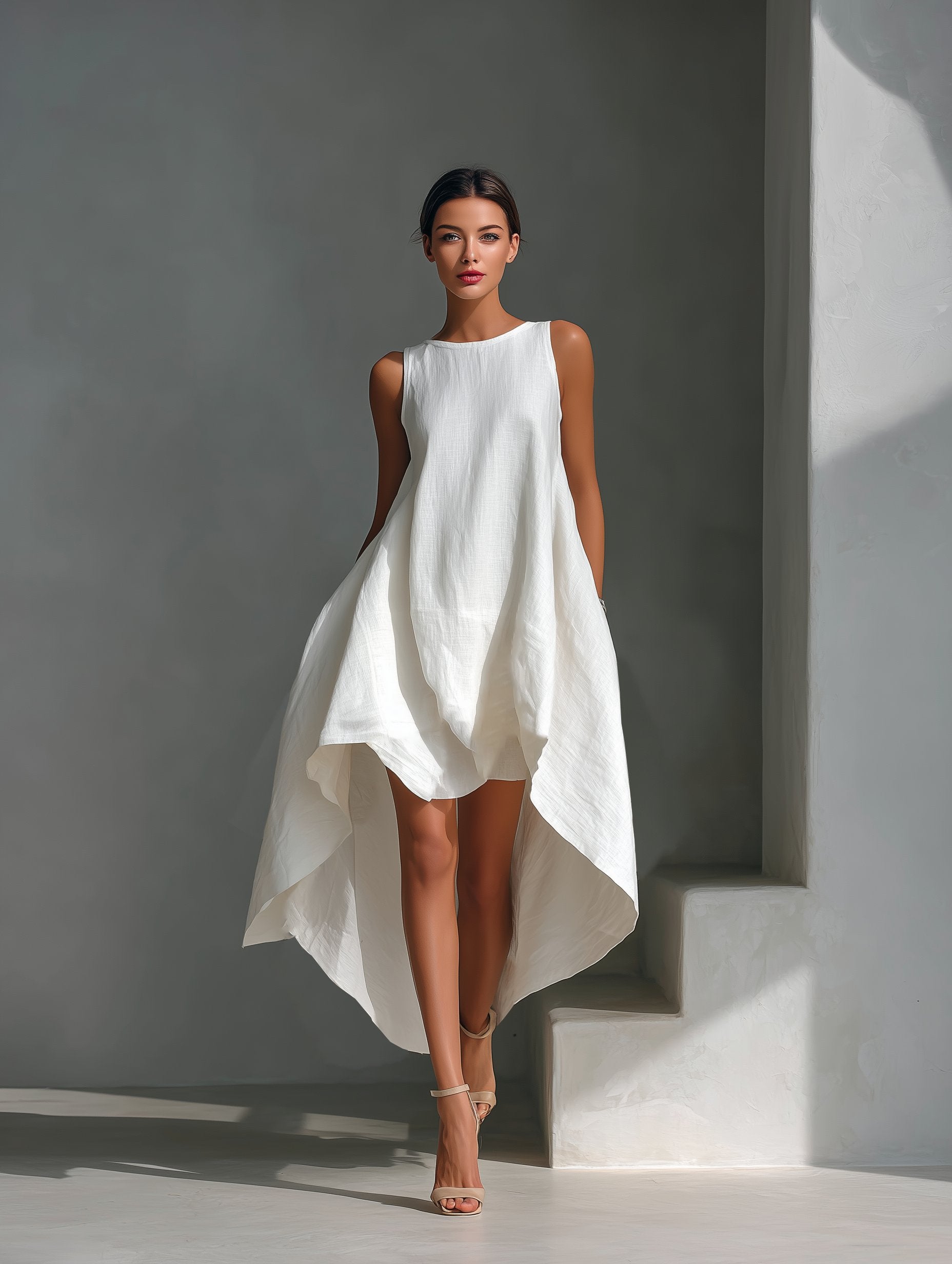 Aleena - Women's Sleeveless Asymmetric Handkerchief-Hem Linen Dress