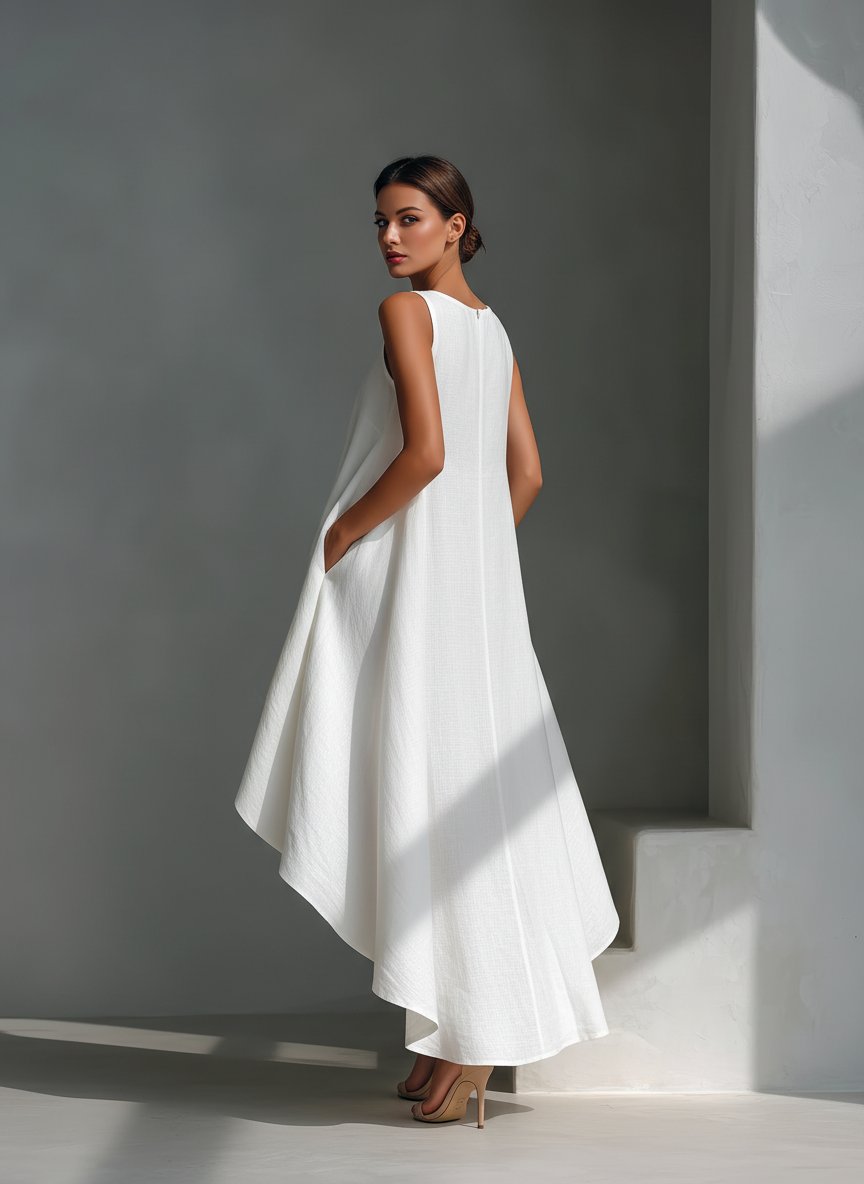 Aleena - Women's Sleeveless Asymmetric Handkerchief-Hem Linen Dress