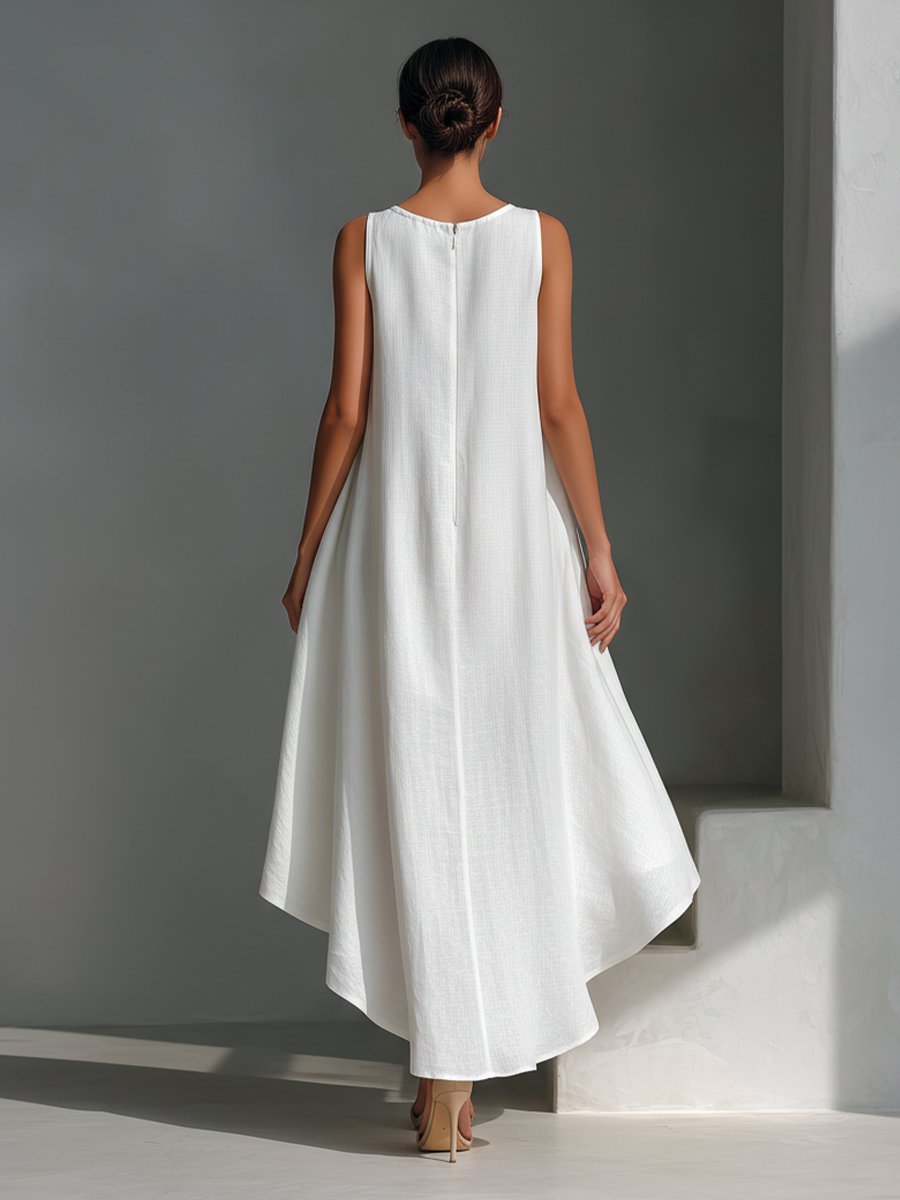 Aleena - Women's Sleeveless Asymmetric Handkerchief-Hem Linen Dress