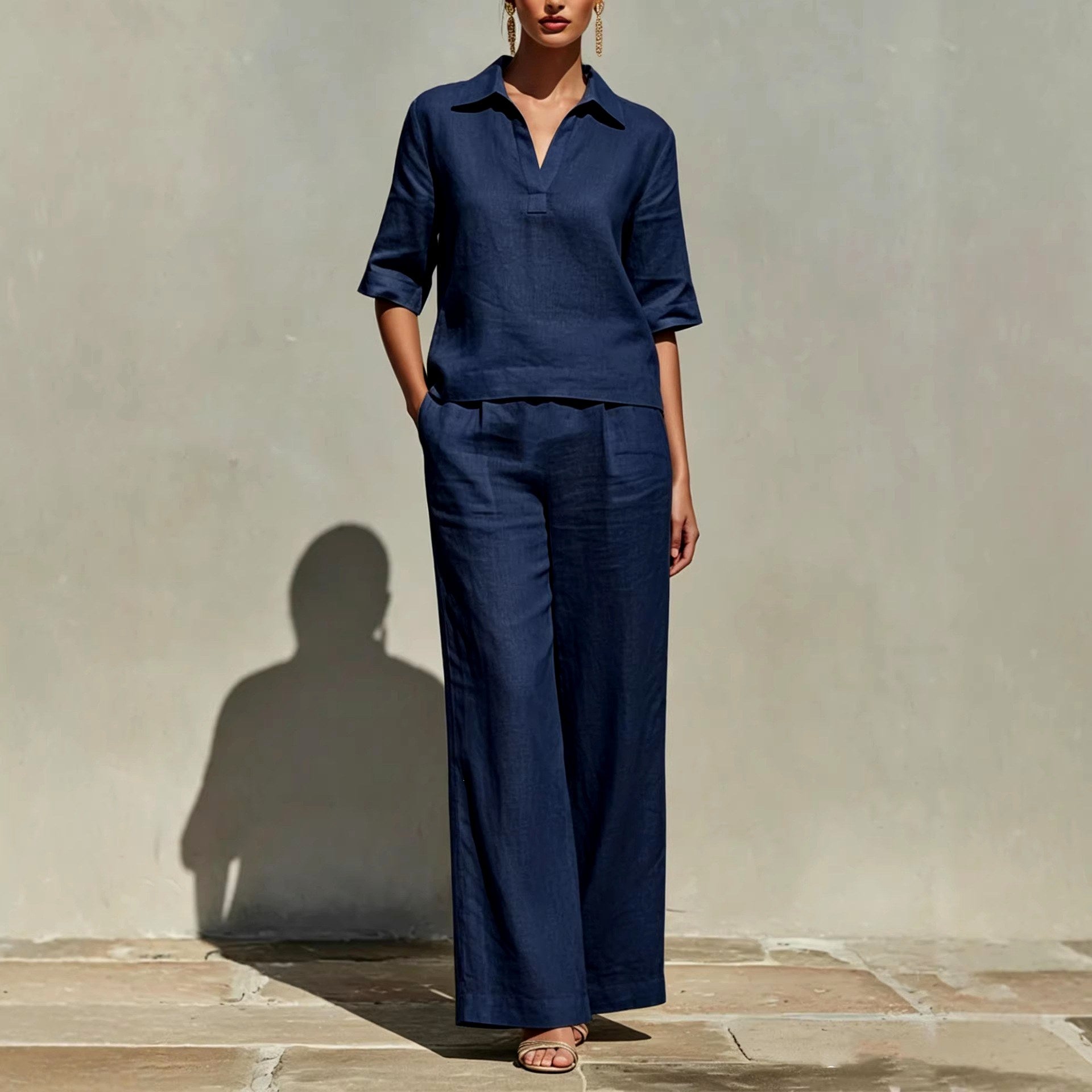 Alice - Women's Linen Collared Wide Leg Matching Set 2