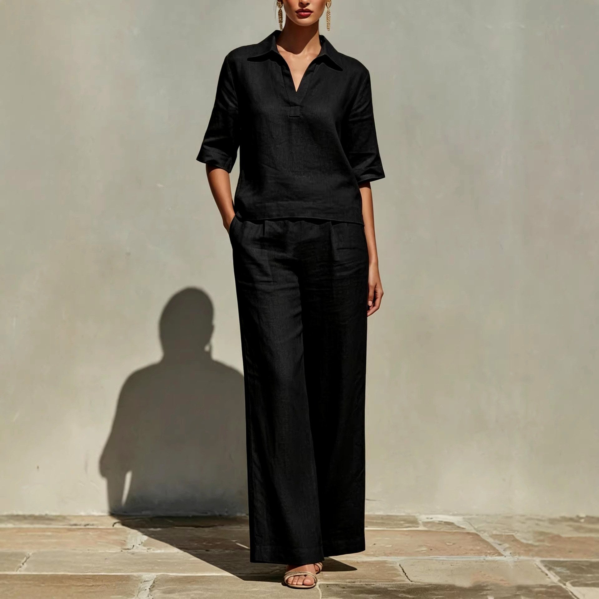 Alice - Women's Linen Collared Wide Leg Matching Set 3