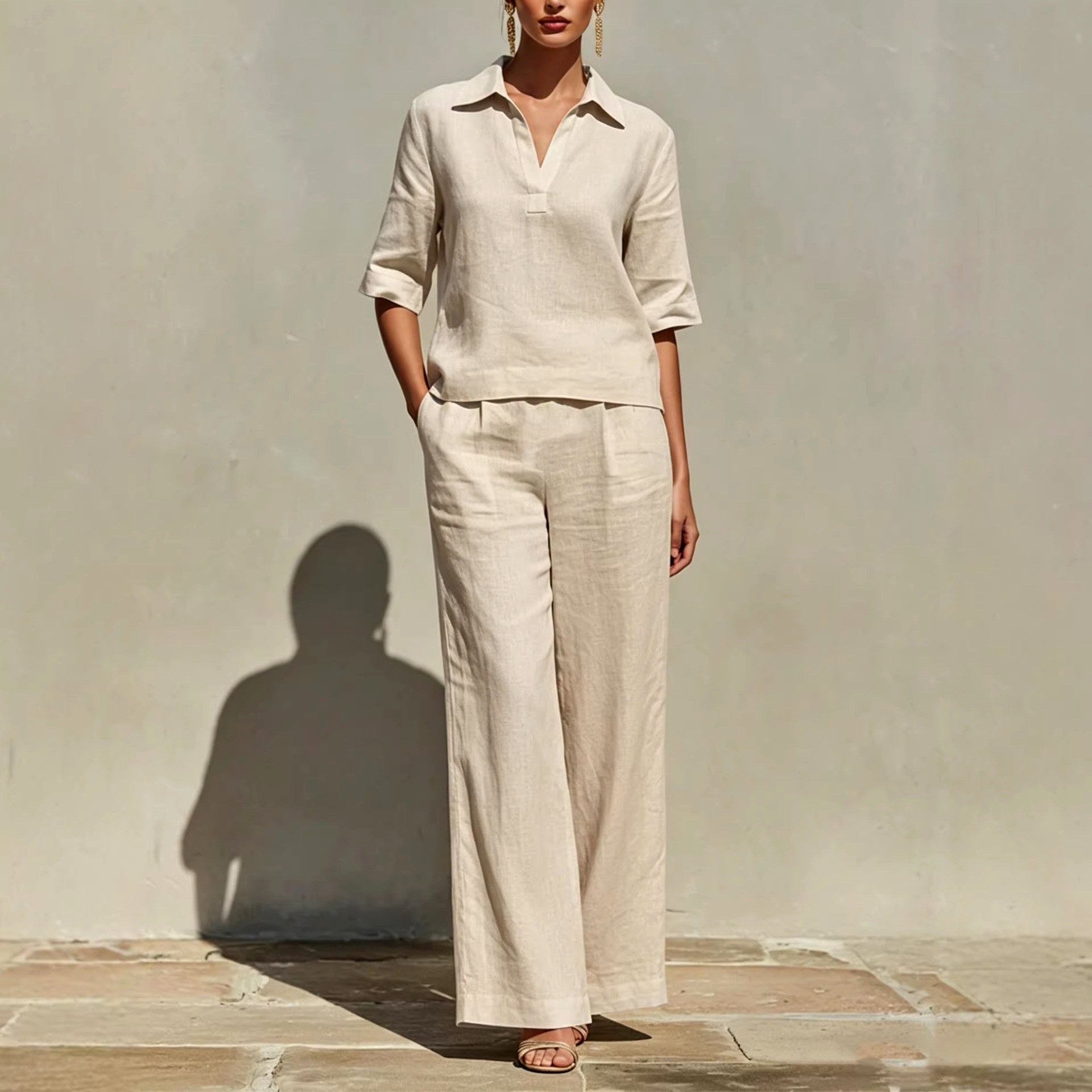 Alice - Women's Linen Collared Wide Leg Matching Set 4