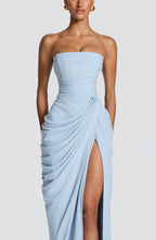Aurora - Women's Strapless Ruched Maxi Dress with High Slit