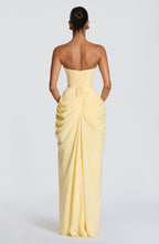 Aurora - Women's Strapless Ruched Maxi Dress with High Slit