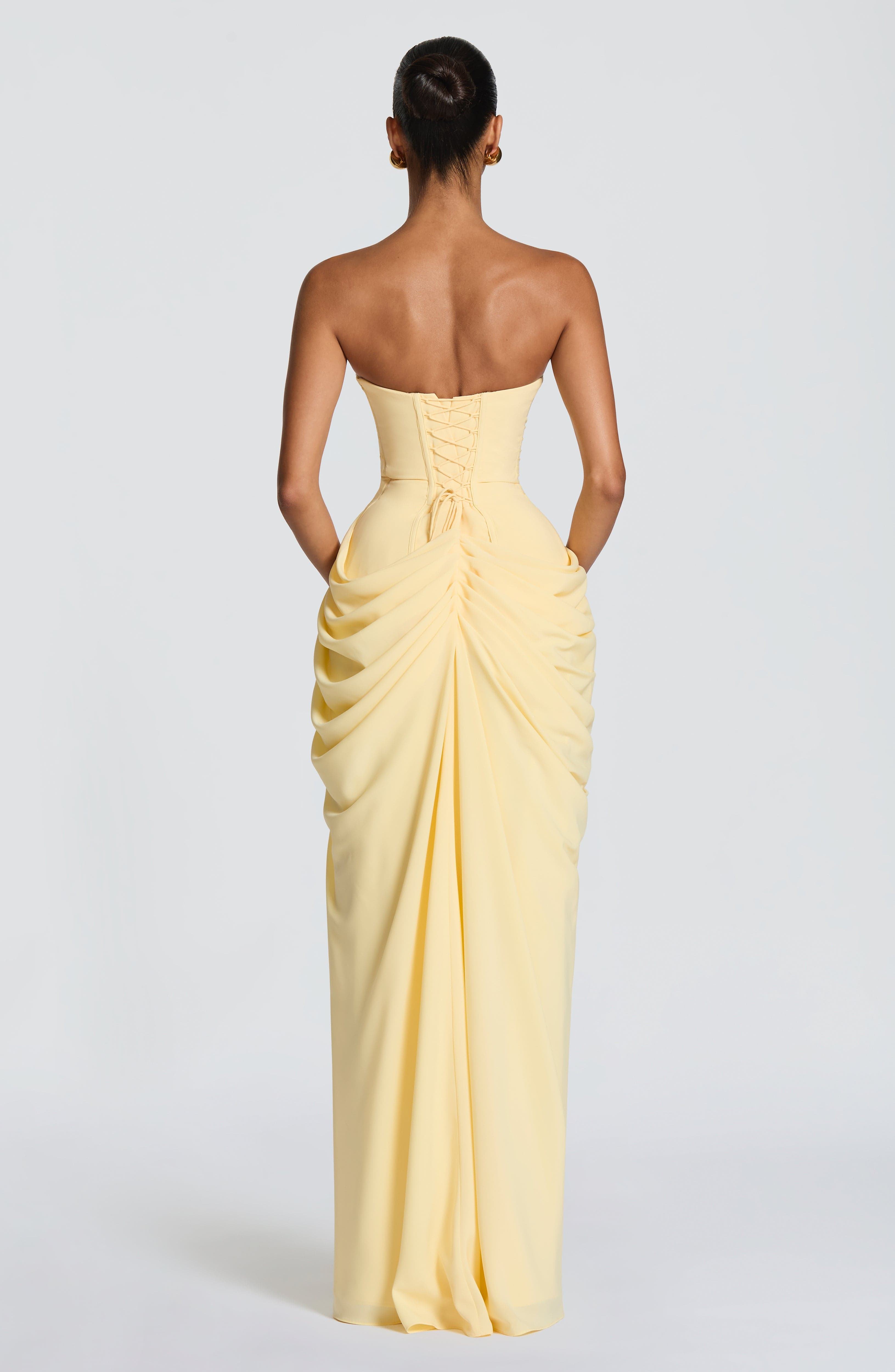 Aurora - Women's Strapless Ruched Maxi Dress with High Slit