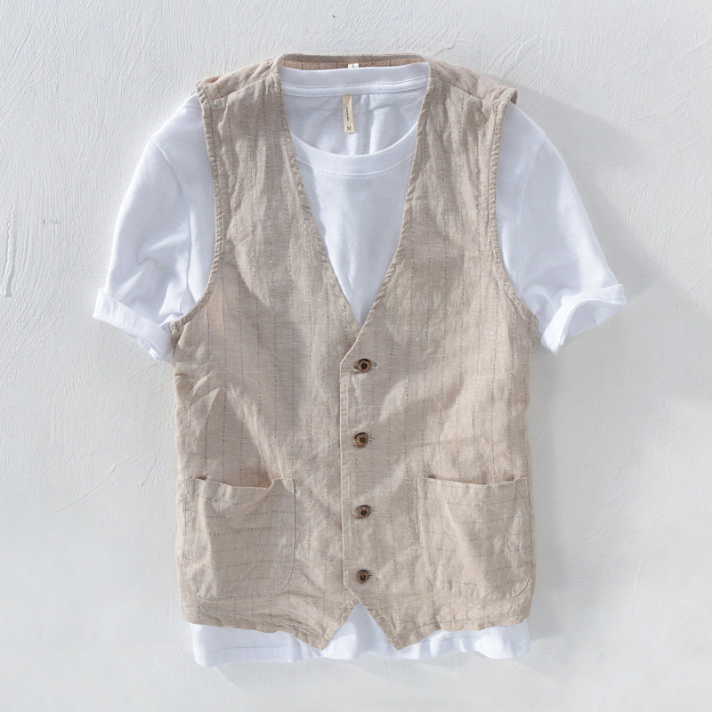 Austin - Men's Linen Striped V-Neck Vest 1