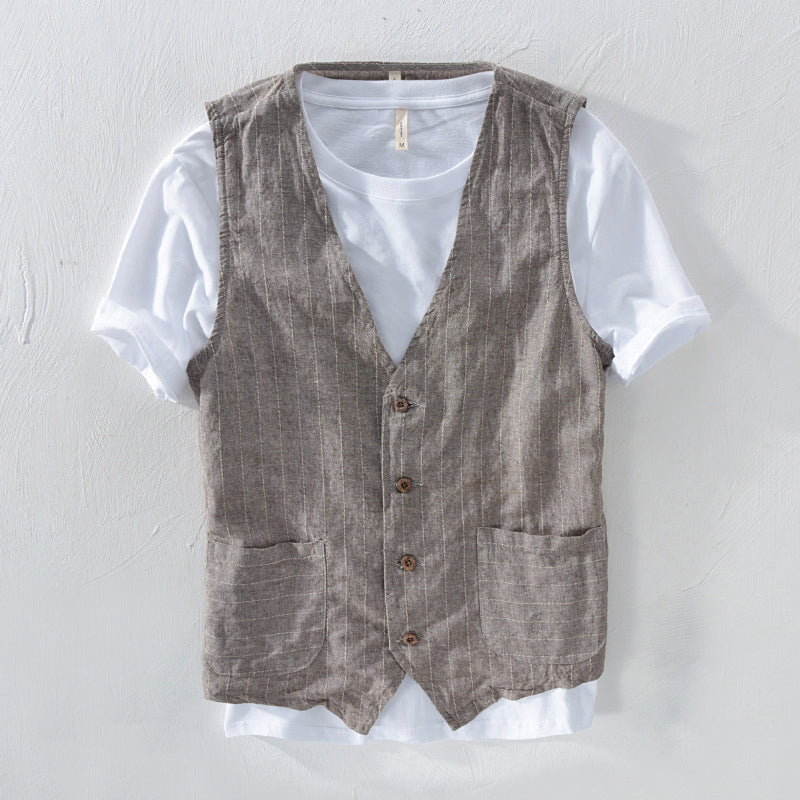 Austin - Men's Linen Striped V-Neck Vest 2