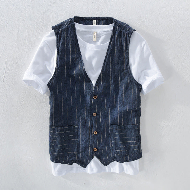 Austin - Men's Linen Striped V-Neck Vest 3