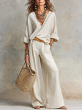 Averie - Women's V-Neck Wrap Linen Two-Piece Set