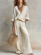 Averie - Women's V-Neck Wrap Linen Two-Piece Set