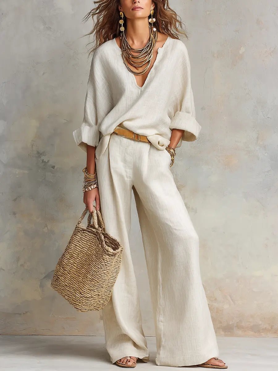 Averie - Women's V-Neck Wrap Linen Two-Piece Set