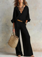 Averie - Women's V-Neck Wrap Linen Two-Piece Set