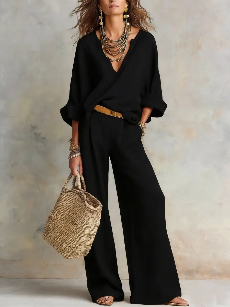 Averie - Women's V-Neck Wrap Linen Two-Piece Set