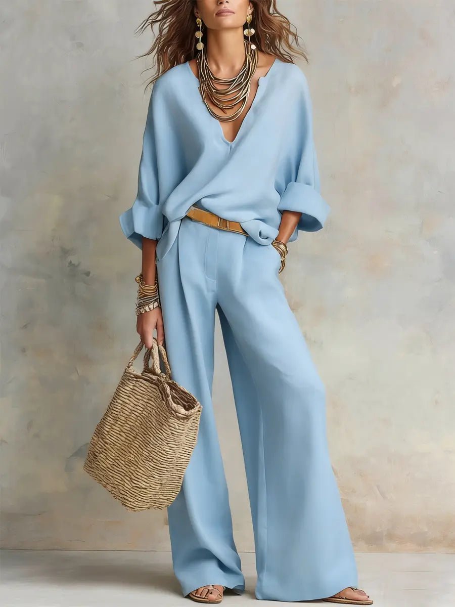 Averie - Women's V-Neck Wrap Linen Two-Piece Set
