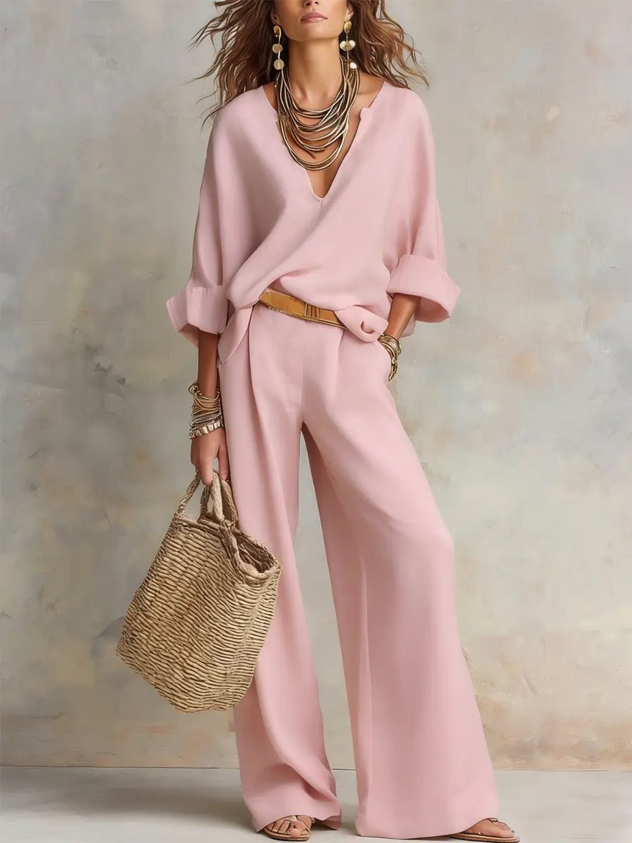 Averie - Women's V-Neck Wrap Linen Two-Piece Set
