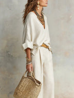 Averie - Women's V-Neck Wrap Linen Two-Piece Set