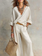 Averie - Women's V-Neck Wrap Linen Two-Piece Set