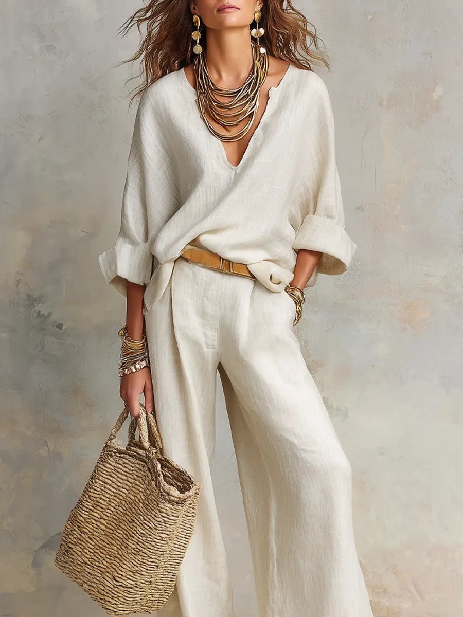 Averie - Women's V-Neck Wrap Linen Two-Piece Set