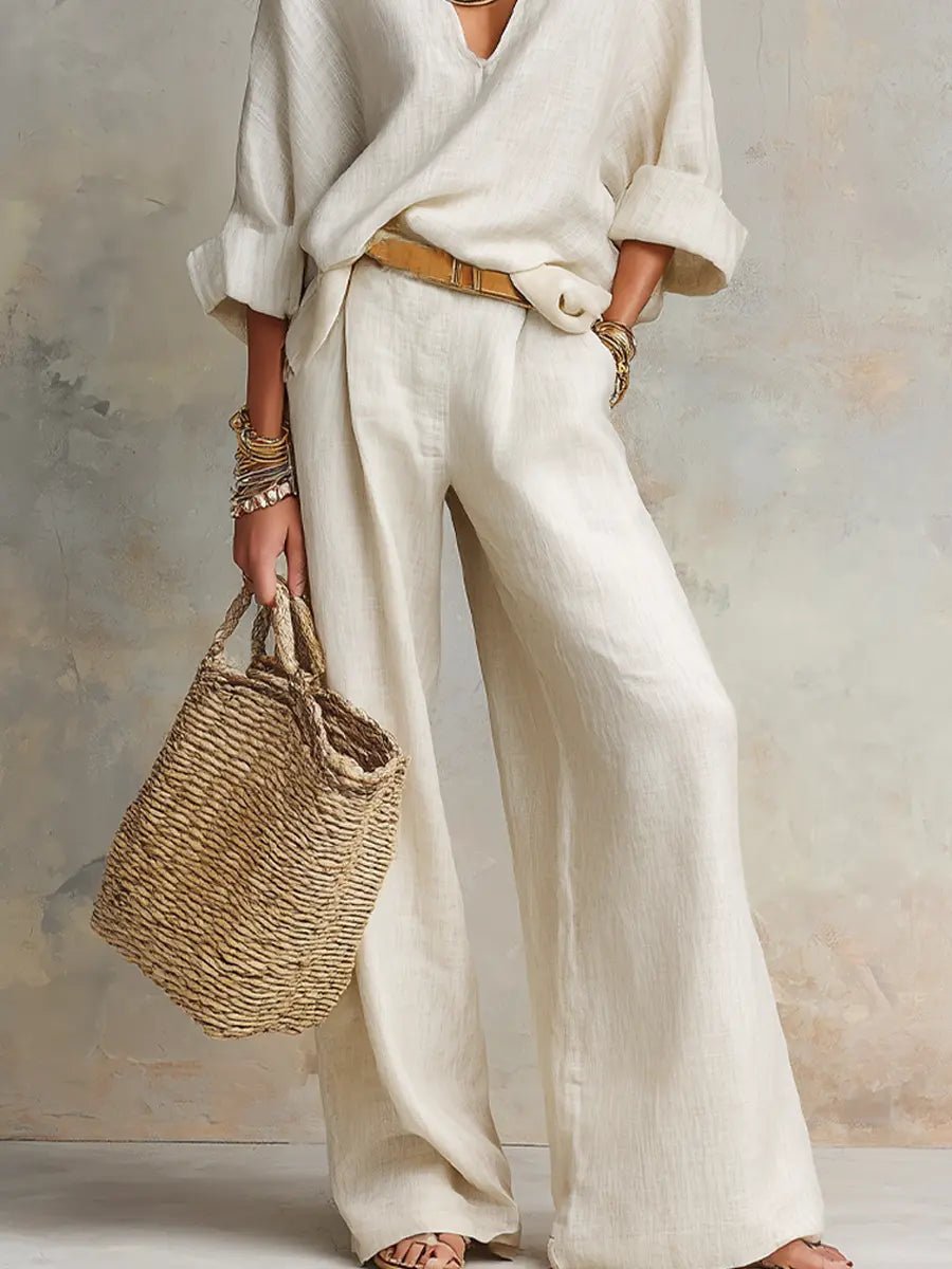 Averie - Women's V-Neck Wrap Linen Two-Piece Set