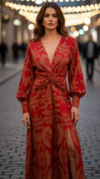 Bella - Women's Wrap Midi Dress with Leafy Print