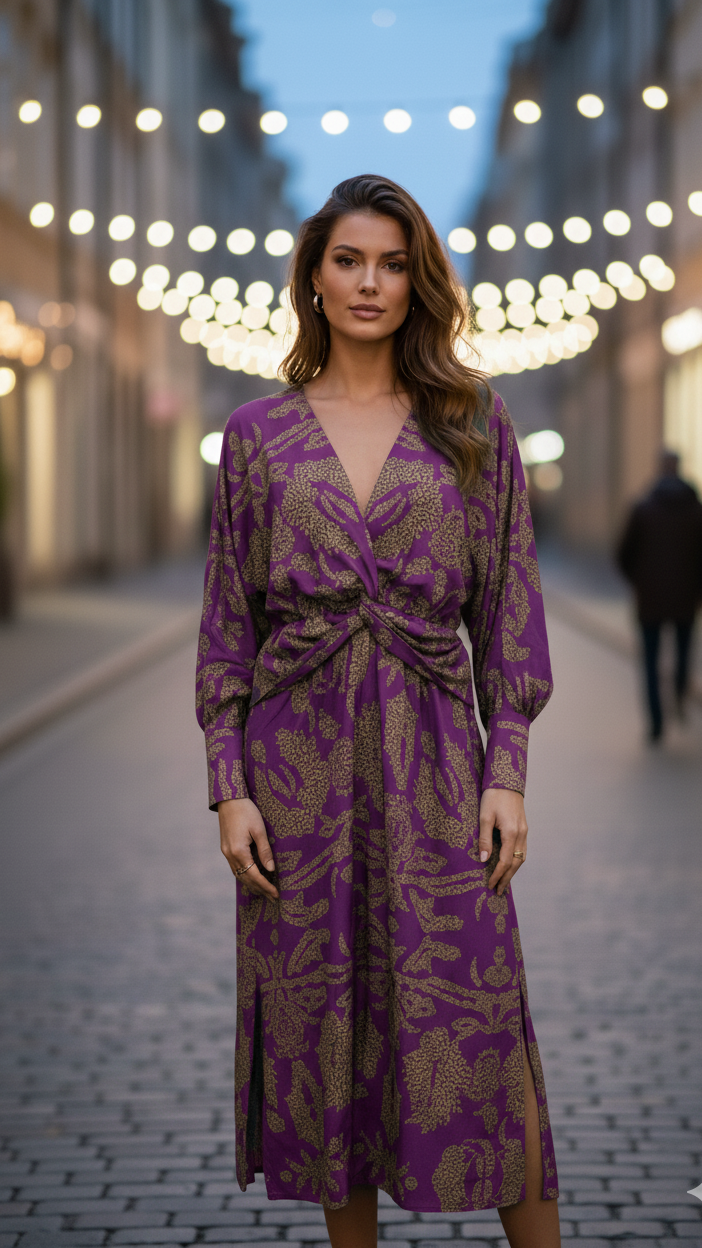 Bella - Women's Wrap Midi Dress with Leafy Print
