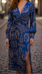 Bella - Women's Wrap Midi Dress with Leafy Print