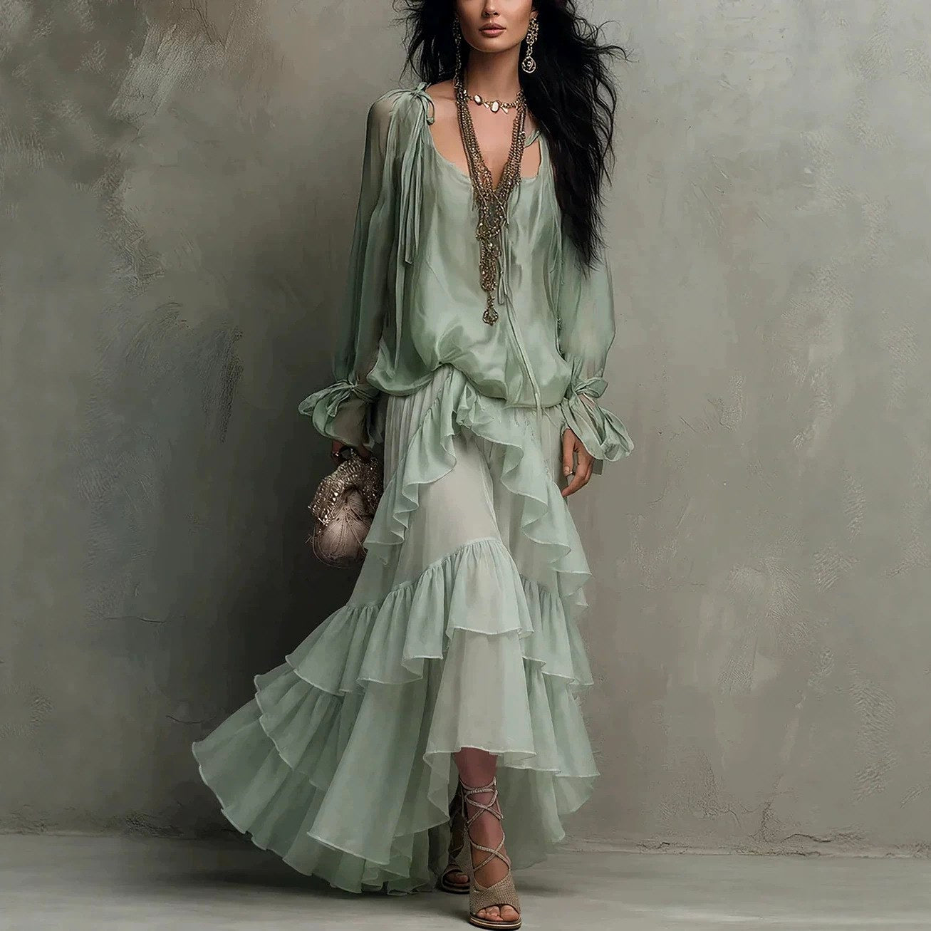 Berenice - Women's V-Neck Tiered Boho Maxi Dress 1