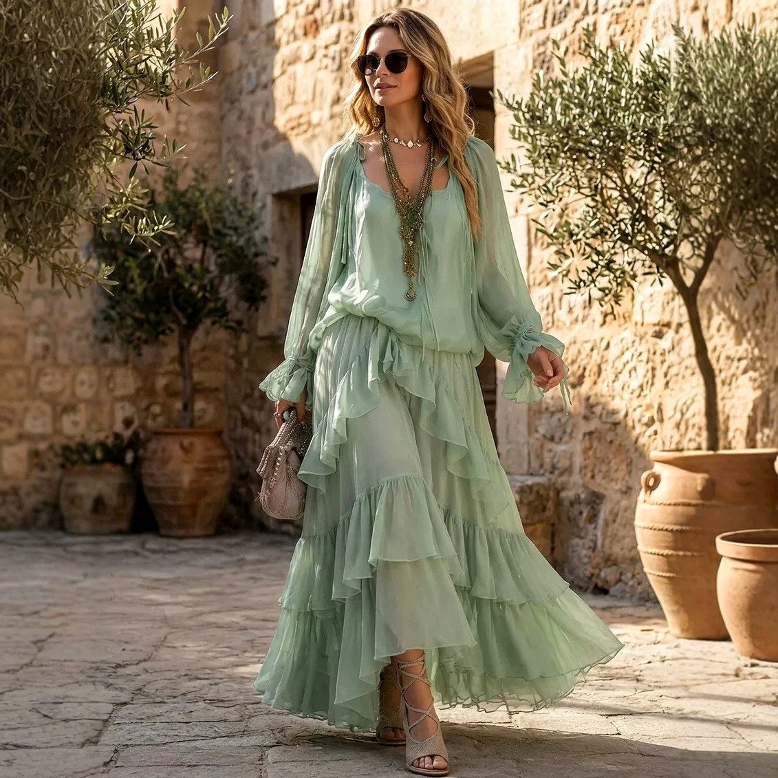 Berenice - Women's V-Neck Tiered Boho Maxi Dress 4