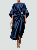 Bianca - Women's Draped Satin Midi Dress with Brooch Detail
