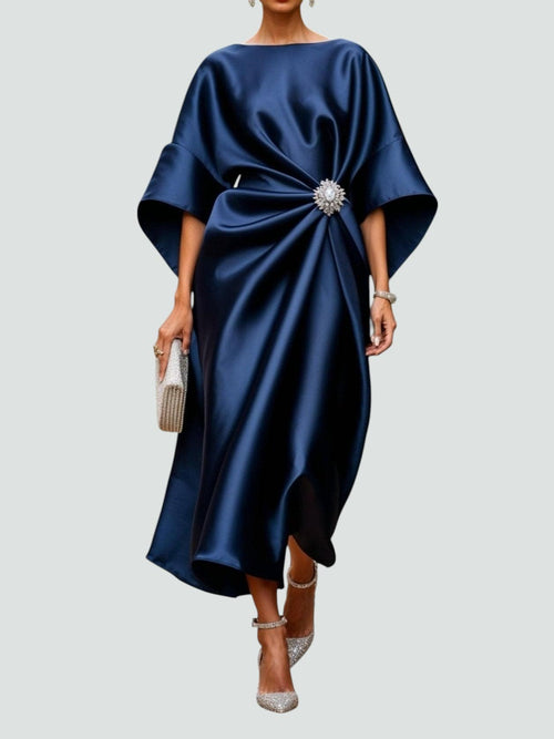 Bianca - Women's Draped Satin Midi Dress with Brooch Detail