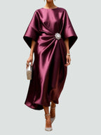 Bianca - Women's Draped Satin Midi Dress with Brooch Detail