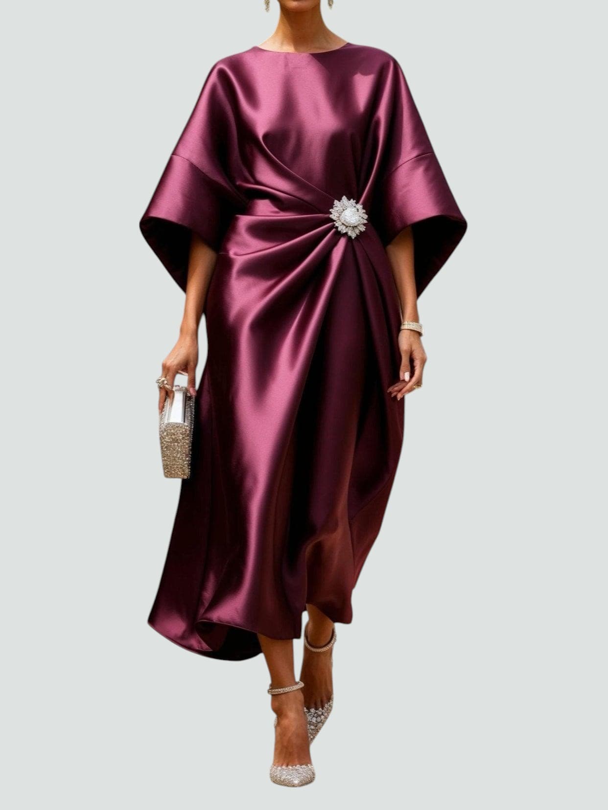 Bianca - Women's Draped Satin Midi Dress with Brooch Detail