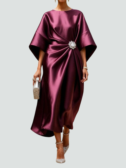 Bianca - Women's Draped Satin Midi Dress with Brooch Detail