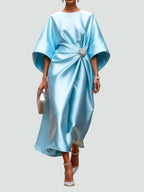 Bianca - Women's Draped Satin Midi Dress with Brooch Detail