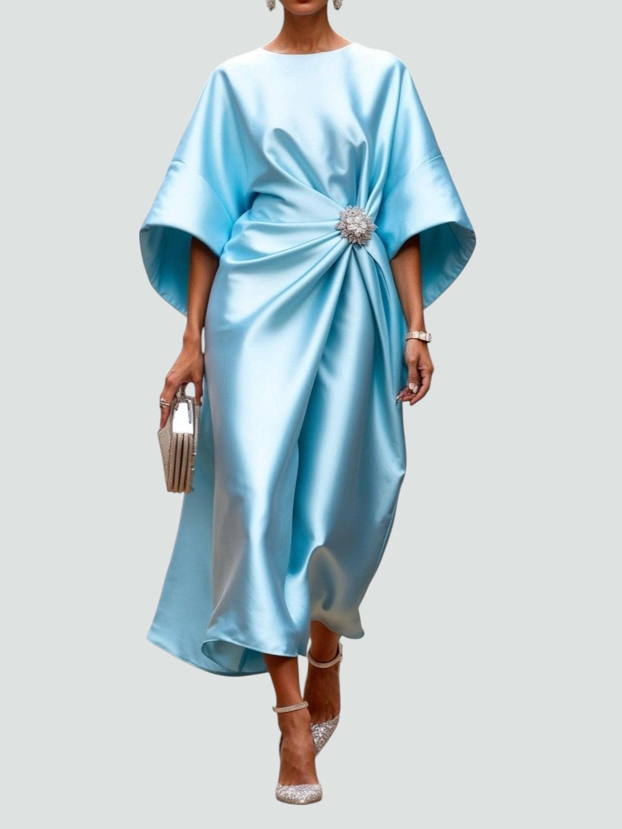 Bianca - Women's Draped Satin Midi Dress with Brooch Detail