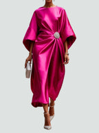 Bianca - Women's Draped Satin Midi Dress with Brooch Detail