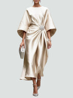 Bianca - Women's Draped Satin Midi Dress with Brooch Detail