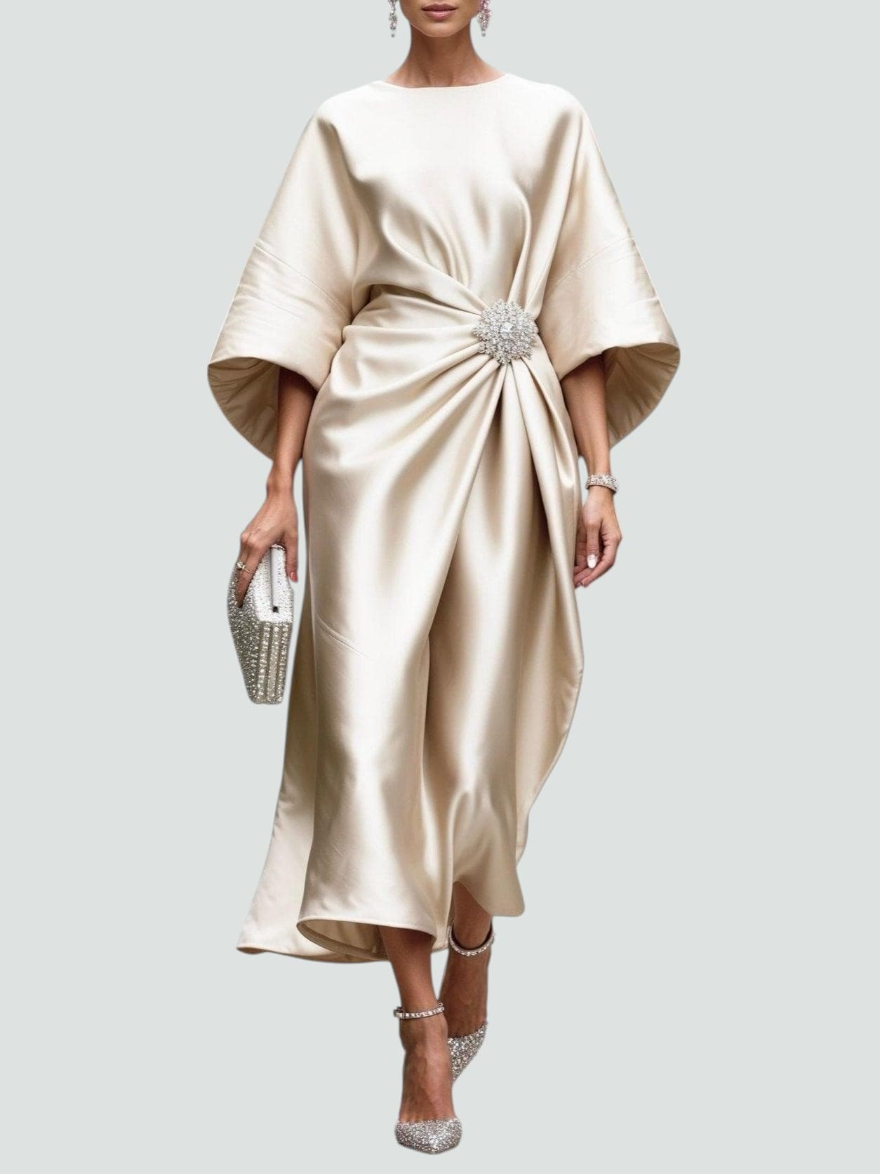 Bianca - Women's Draped Satin Midi Dress with Brooch Detail