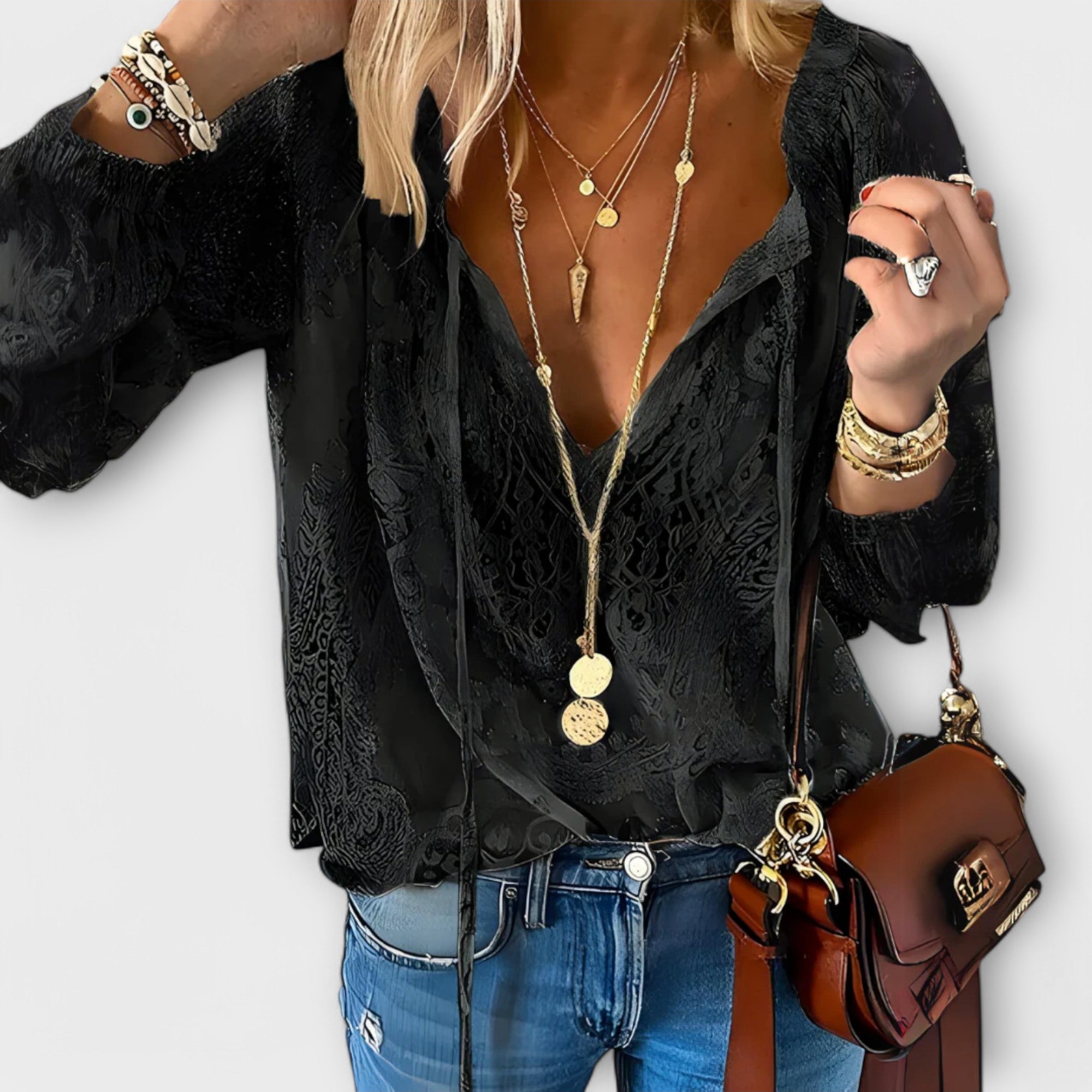 Camille - Women's Lace V-Neck Blouse with Billowy Sleeves