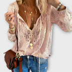 Camille - Women's Lace V-Neck Blouse with Billowy Sleeves