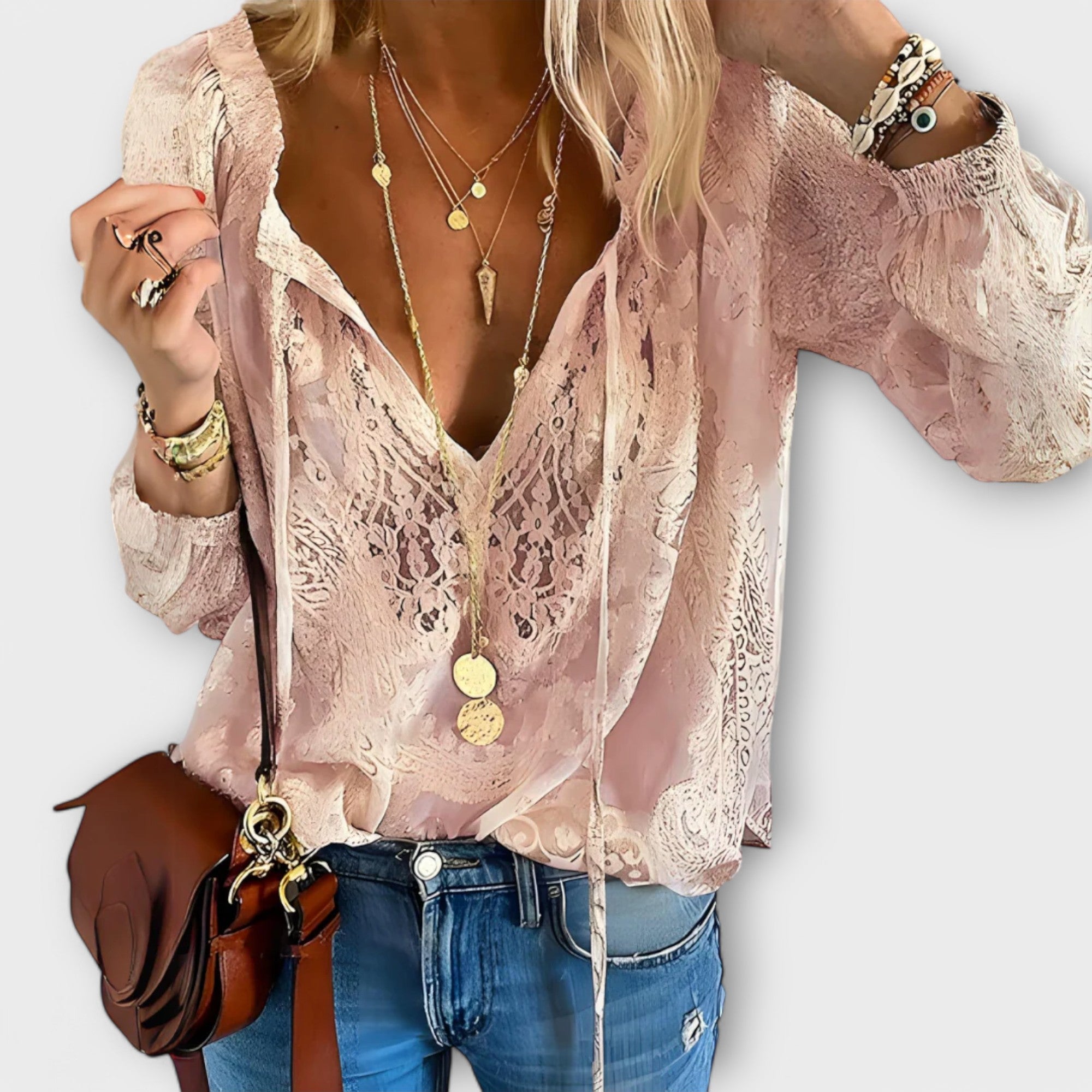 Camille - Women's Lace V-Neck Blouse with Billowy Sleeves