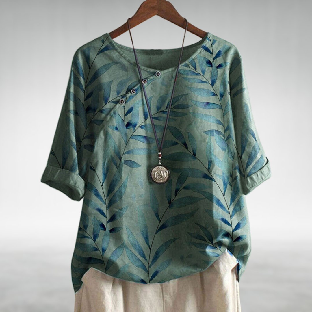Capri - Women's Leaf-Print Blouse with Asymmetric Button Detail