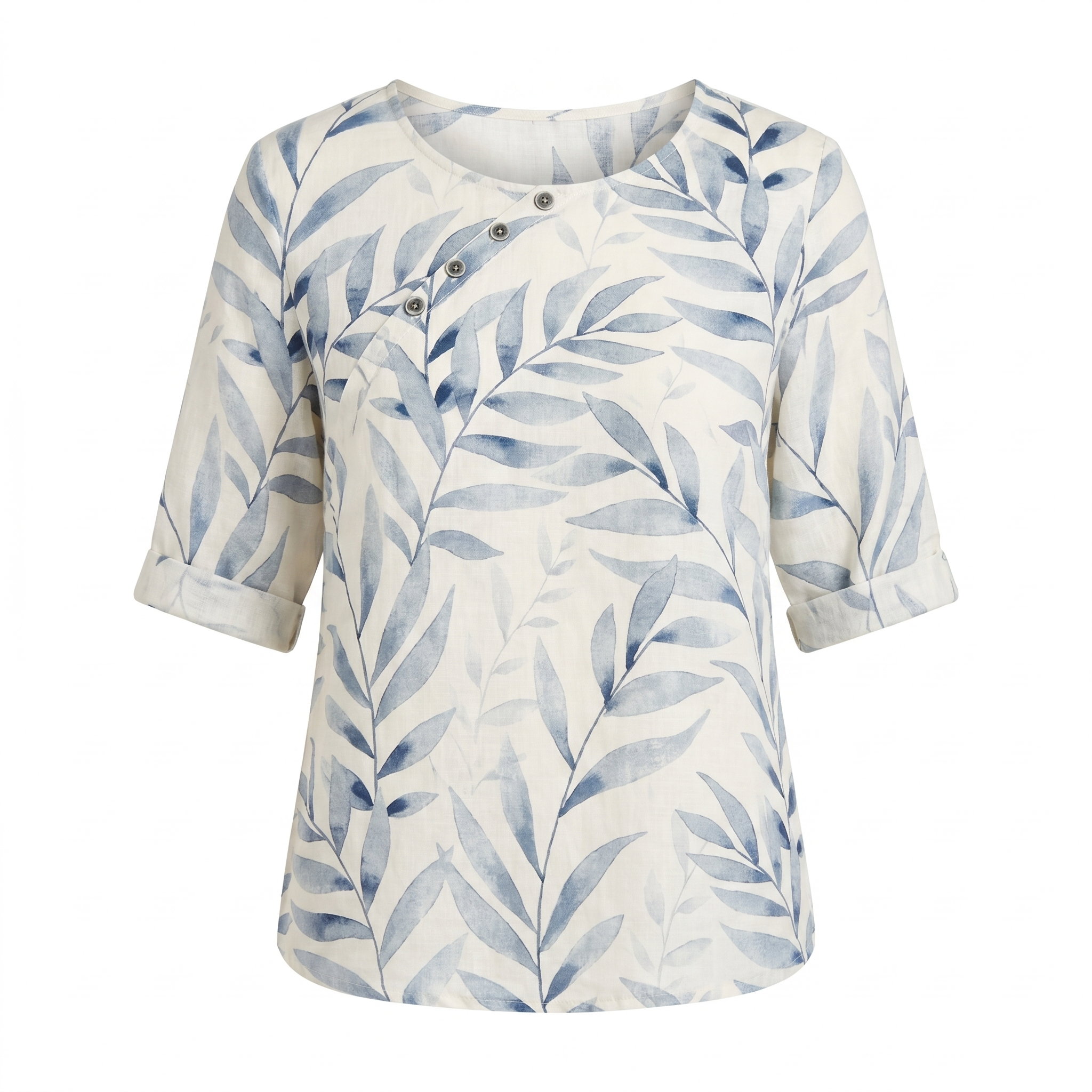 Capri - Women's Leaf-Print Blouse with Asymmetric Button Detail