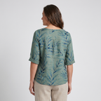 Capri - Women's Leaf-Print Blouse with Asymmetric Button Detail