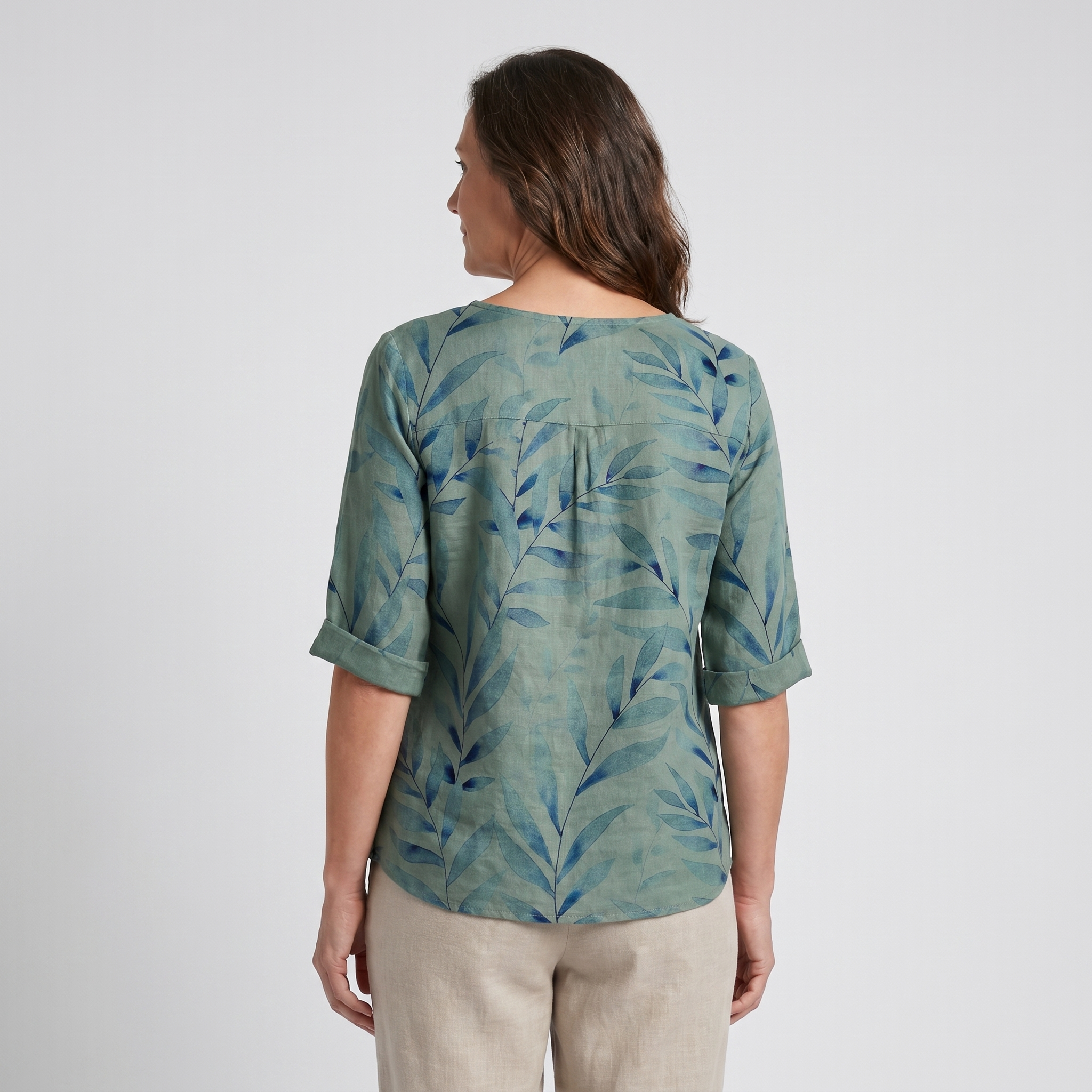 Capri - Women's Leaf-Print Blouse with Asymmetric Button Detail