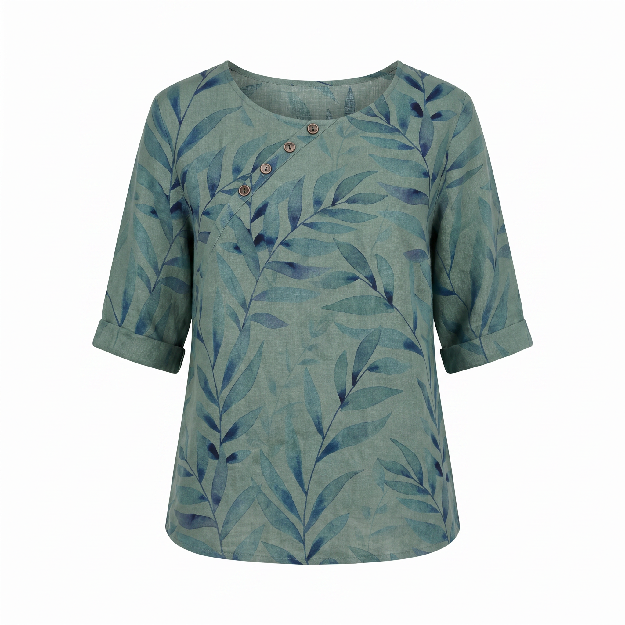 Capri - Women's Leaf-Print Blouse with Asymmetric Button Detail