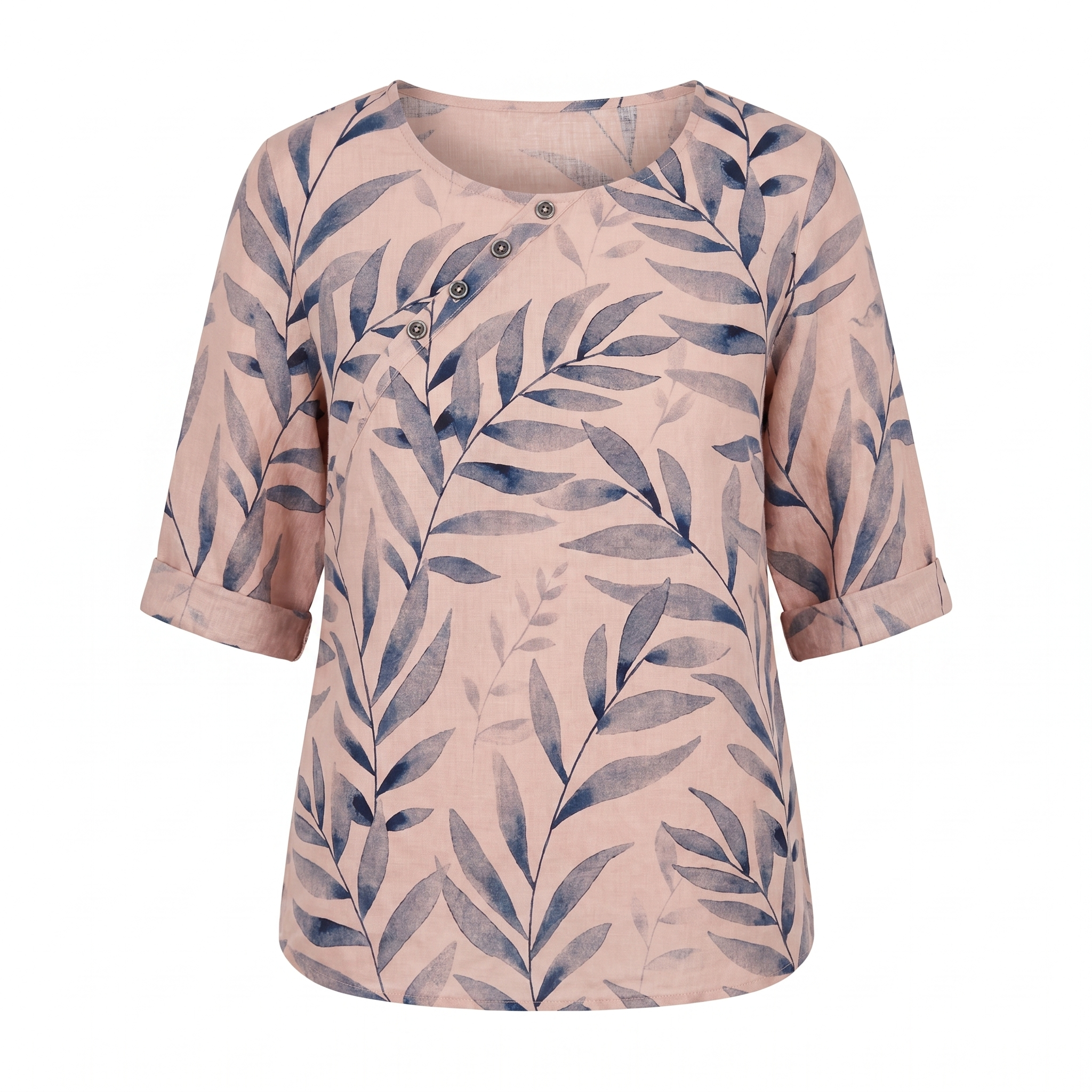 Capri - Women's Leaf-Print Blouse with Asymmetric Button Detail