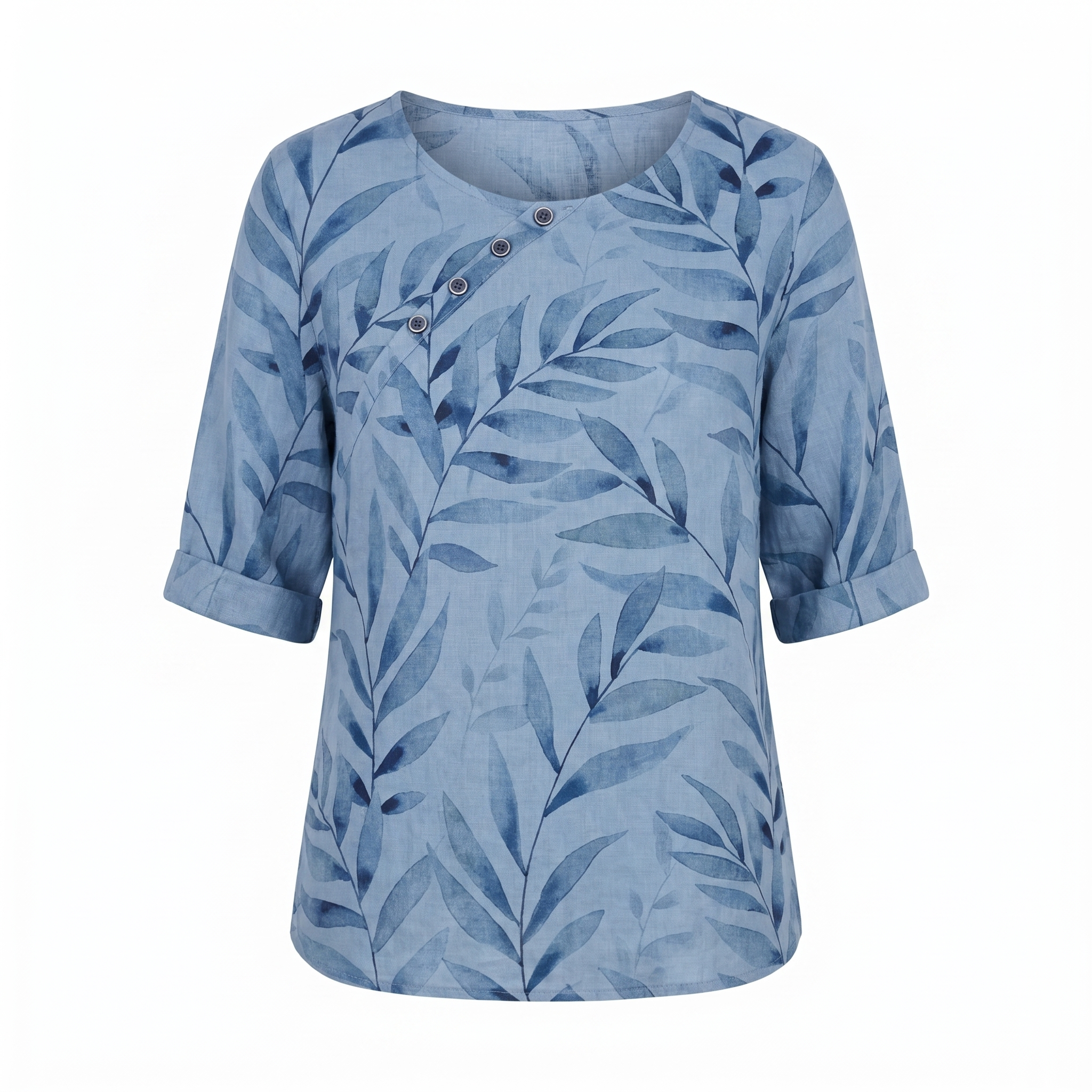 Capri - Women's Leaf-Print Blouse with Asymmetric Button Detail