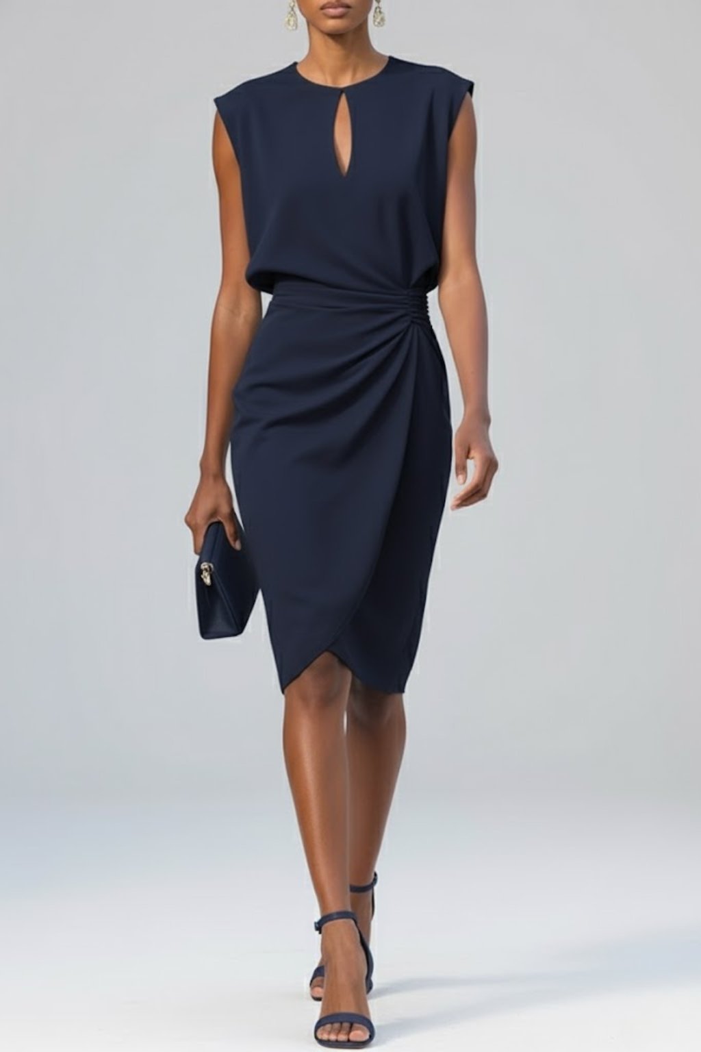 Celeste - Women's Sleeveless Keyhole Ruched Midi Dress